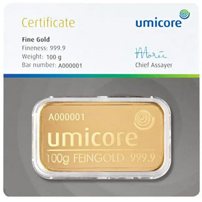 Goudbaar 100 gram | Gold 100 gram | Umicore goudbaren goedkoop